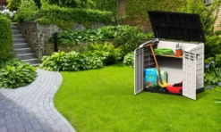 Keter Store It Out Max Mülltonnenbox Mit Gasdruckfeder, Wetterfest, Abschließbar, Beige, 1.200 L, 145,5 X 82 X 125cm -Angebote Moos Traum Store 0190eb2e55840d752c09277b04f37705