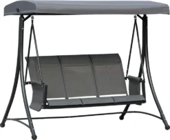 Outsunny 3-Sitzer Hollywoodschaukel, Gartenschaukel Mit Sonnendach, Schaukelbank Mit Ablage, Aluminium, Grau, 196 X 128 X 172 Cm