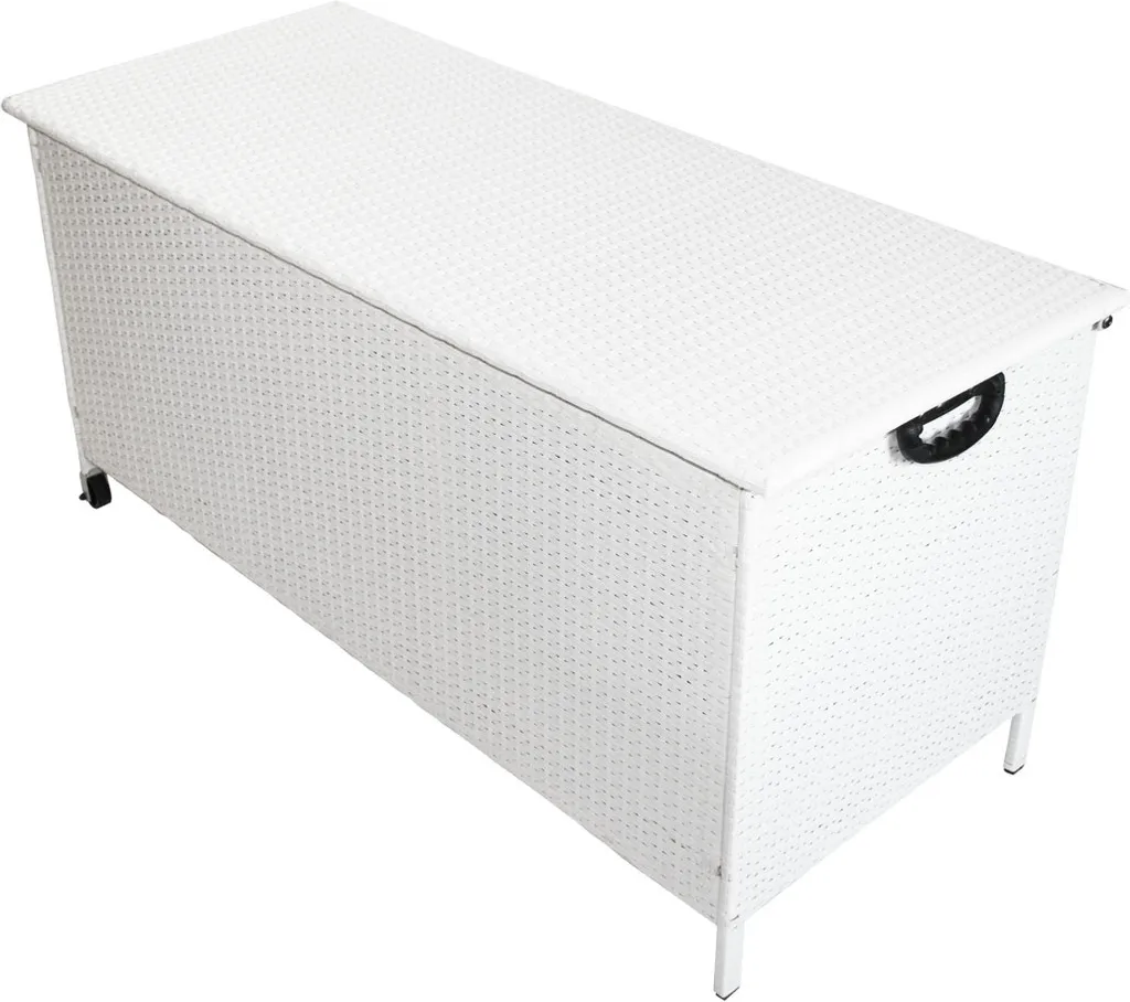 KMH® Polyrattan Kissentruhe Mit Rollen Weiß 1 KMH® Polyrattan Kissentruhe Mit Rollen Weiß