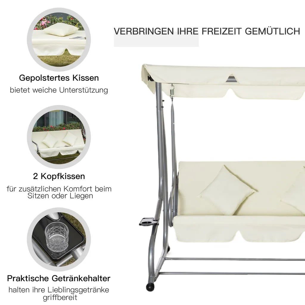 Outsunny Schaukelstuhl 3-Sitzer Hollywoodschaukel Gartenschaukel Mit Sitz- Und Rückenlehnen Tablett Sitzbank Schwingbank Dachwinkel Verstellbar Stahlrohr Oxford-Stoff Beige 200 X 120 X 164 Cm 7 Outsunny Schaukelstuhl 3-Sitzer Hollywoodschaukel Gartenschaukel Mit Sitz- Und Rückenlehnen Tablett Sitzbank Schwingbank Dachwinkel Verstellbar Stahlrohr Oxford-Stoff Beige 200 X 120 X 164 Cm – Bild 7