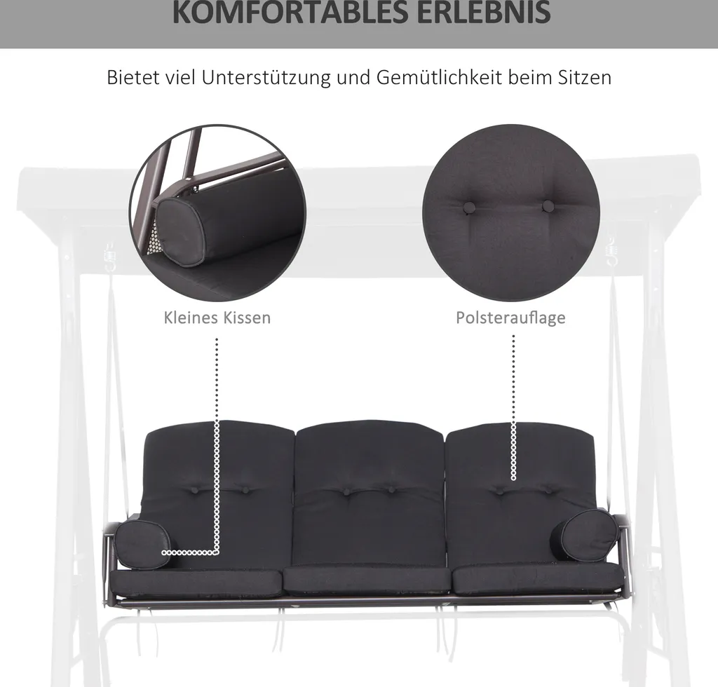 Outsunny 3-Sitzer Hollywoodschaukel Gartenschaukel Mit Sonnendach Kissen Metall Polyester Schwarz 116 X 206 X 183 Cm 6 Outsunny 3-Sitzer Hollywoodschaukel Gartenschaukel Mit Sonnendach Kissen Metall Polyester Schwarz 116 X 206 X 183 Cm – Bild 6