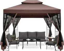 Gartenpavillon Faltpavillon 3 X 4 M, Terrassenpavillon Überdachung Mit Seitenwänden & Doppeldach, Zelte Für Schutz Vor Sonne Und Regen, Abgeschirmter Pavillon Für Party Hinterhof, Braun