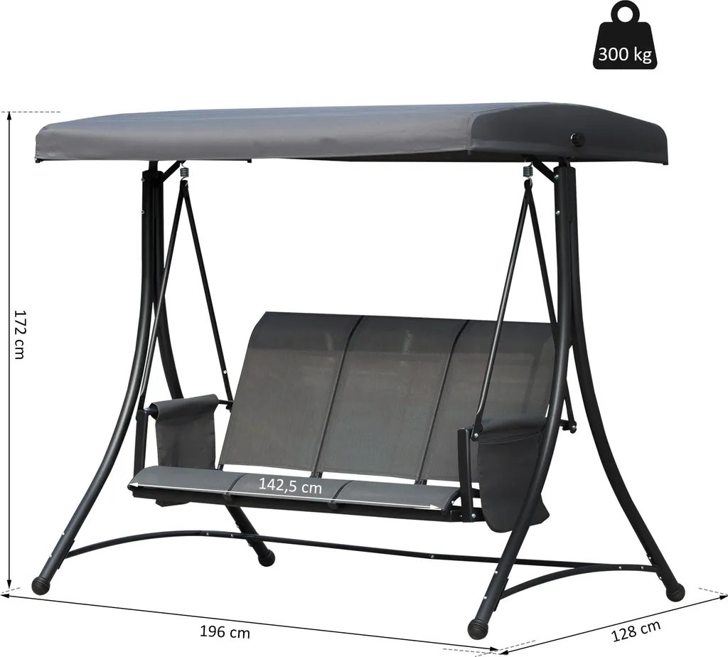 Outsunny 3-Sitzer Hollywoodschaukel, Gartenschaukel Mit Sonnendach, Schaukelbank Mit Ablage, Aluminium, Grau, 196 X 128 X 172 Cm 5 Outsunny 3-Sitzer Hollywoodschaukel, Gartenschaukel Mit Sonnendach, Schaukelbank Mit Ablage, Aluminium, Grau, 196 X 128 X 172 Cm – Bild 5