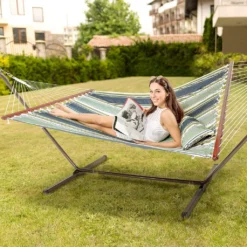 VITA5 Hängematte Outdoor - Hängematte Mit Gestell Für Den Garten, Pool & Balkon - Großzügige Hängematte 2 Personen - Doppelhängematte Mit Ständer - 200kg Belastbarkeit (Dunkergrün/Blau) -Angebote Moos Traum Store 0d981b6fe5e362f8435b5314c9970ef5