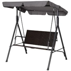 Outsunny Rattan Hollywoodschaukel, 2-Sitzer Gartenschaukel, Schaukelbank, Verstellbares Sonnendach, Stahlrahmen 140 X 110 X 151 Cm