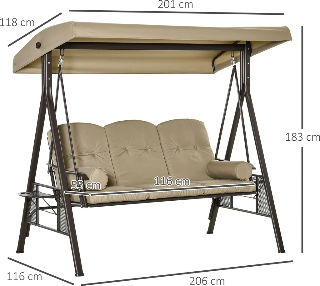 Outsunny 3-Sitzer Hollywoodschaukel Gartenschaukel Mit Sonnendach Kissen Metall Polyester Grau 116 X 206 X 183 Cm 3 Outsunny 3-Sitzer Hollywoodschaukel Gartenschaukel Mit Sonnendach Kissen Metall Polyester Grau 116 X 206 X 183 Cm – Bild 3