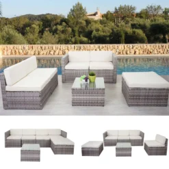 Poly-Rattan-Garnitur MCW-D24, Garten-/Lounge-Set Sofa Grau, Polster Creme