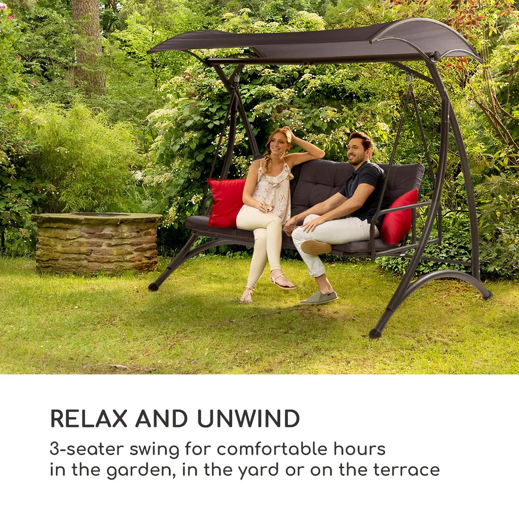 Blumfeldt Marbella - Hollywoodschaukel, 3-Sitzer, Gartenschaukel, Stahlrahmen Mit Pulverbeschichtung, Sitzkissen, Gewölbtes Sonnendach, Zurückklappbare Rückenlehne, Dunkelgrau 2 Blumfeldt Marbella - Hollywoodschaukel, 3-Sitzer, Gartenschaukel, Stahlrahmen Mit Pulverbeschichtung, Sitzkissen, Gewölbtes Sonnendach, Zurückklappbare Rückenlehne, Dunkelgrau – Bild 2
