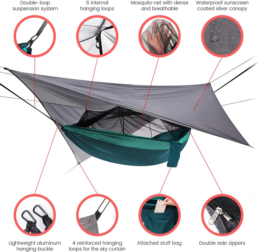 Topchances Camping Hängematte Mit Moskitonetz Und Tarp, Reise Zeltplane Für Outdoor,Wandern,Trekking (Grau+Dunkelgrün) 3 Topchances Camping Hängematte Mit Moskitonetz Und Tarp, Reise Zeltplane Für Outdoor,Wandern,Trekking (Grau+Dunkelgrün) – Bild 3
