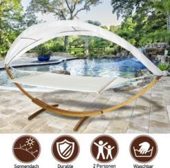 EINFEBEN Haengematte Mit Gestell Und Sonnendach, Hammock Aus Wetterfestem Laerchenholz, Bis 200kg, Stabhaengematte Fuer 2 Personen Outdoor Und Indoor
