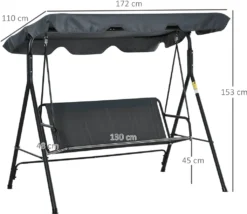 Outsunny Hollywoodschaukel Gartenschaukel Schaukelbank 3-Sitzer Mit Dach Stahl Grau+Schwarz 172 X 120 X 153cm