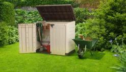 Keter Store It Out Max Mülltonnenbox Mit Gasdruckfeder, Wetterfest, Abschließbar, Beige, 1.200 L, 145,5 X 82 X 125cm -Angebote Moos Traum Store 2530b0391b16e2b657248c7785f65351