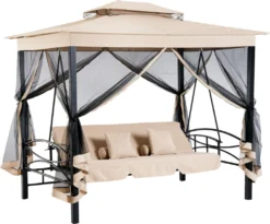 Outsunny Hollywoodschaukel Gartenschaukel Schaukel Mit Seitenwänden 3-Sitzer Beige 230 X 149 X 232cm