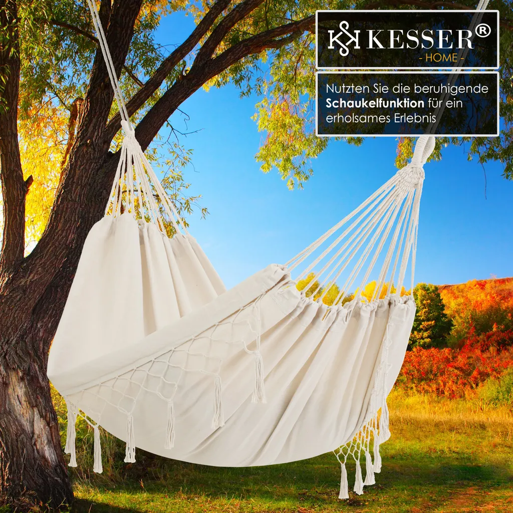 KESSER® Hängematte 300kg Belastbar 320x150cm Max. Belastbarkeit 300 Kg , 1-2 Personen , Atmungsaktiv Fransen Wetterfest Camping Garten Tuchhängematte Mehrpersonen, Farbe:Beige 5 KESSER® Hängematte 300kg Belastbar 320x150cm Max. Belastbarkeit 300 Kg , 1-2 Personen , Atmungsaktiv Fransen Wetterfest Camping Garten Tuchhängematte Mehrpersonen, Farbe:Beige – Bild 5