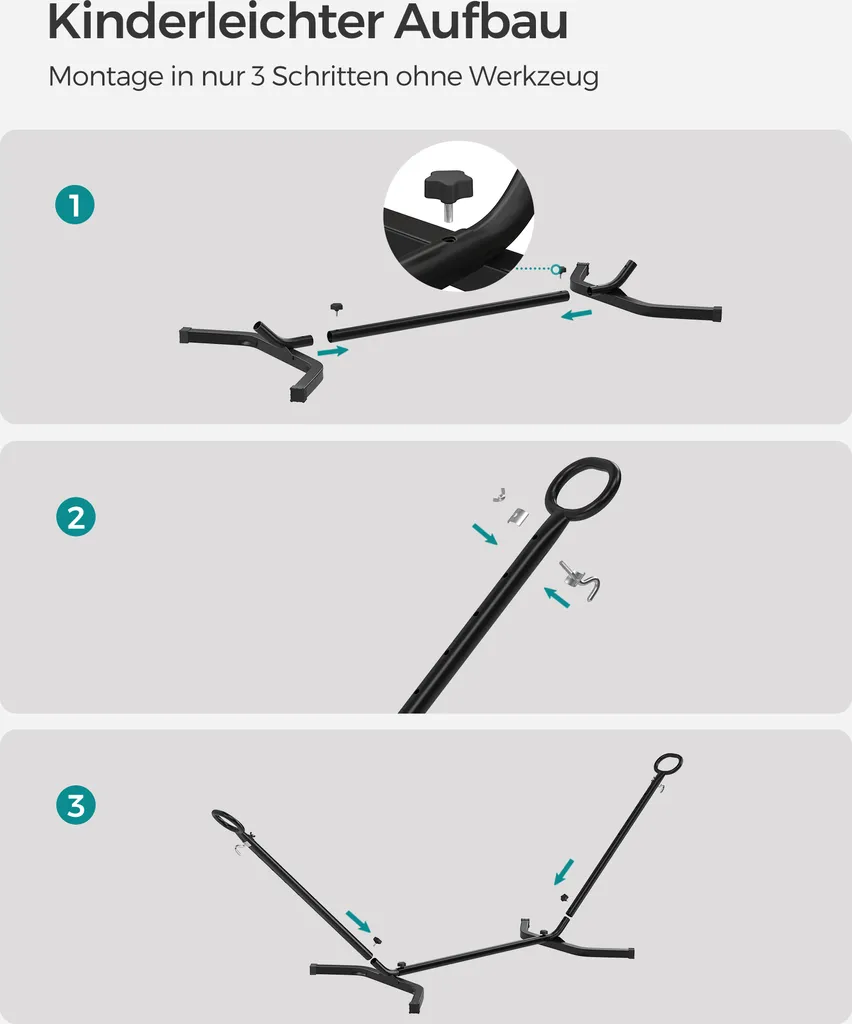 SONGMICS Hängematte Mit Gestell, 210 X 150 Cm, Auf 5 Verschiedene Höhen Verstellbar, Gestell Aus Metall, Bis 240 Kg Belastbar, Für Garten, Schwarzes Gestell Und Graue Hängematte GHS001G01 6 SONGMICS Hängematte Mit Gestell, 210 X 150 Cm, Auf 5 Verschiedene Höhen Verstellbar, Gestell Aus Metall, Bis 240 Kg Belastbar, Für Garten, Schwarzes Gestell Und Graue Hängematte GHS001G01 – Bild 6