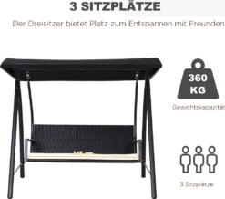 Outsunny Hollywoodschaukel Gartenschaukel 3-Sitzer Mit Dach, Polyrattan+Metall, Schwarz, 198x124x179cm 11 Outsunny Hollywoodschaukel Gartenschaukel 3-Sitzer Mit Dach, Polyrattan+Metall, Schwarz, 198x124x179cm -Angebote Moos Traum Store 2a8526997c2686f882fd76d700f7ba84