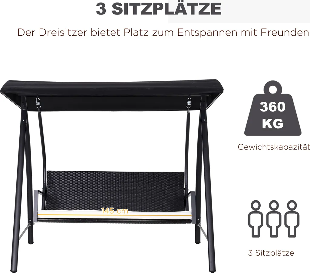 Outsunny Hollywoodschaukel Gartenschaukel 3-Sitzer Mit Dach, Polyrattan+Metall, Schwarz, 198x124x179cm 5 Outsunny Hollywoodschaukel Gartenschaukel 3-Sitzer Mit Dach, Polyrattan+Metall, Schwarz, 198x124x179cm – Bild 5