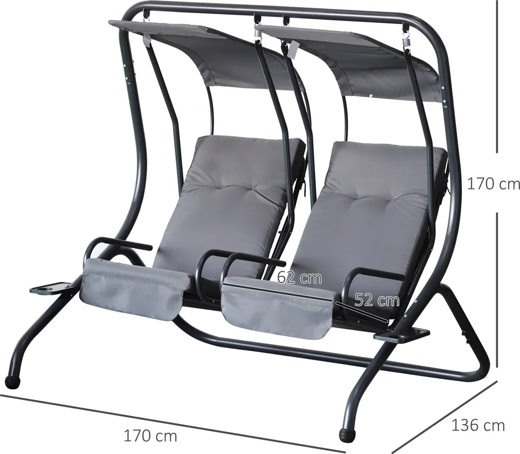 Outsunny 2 Sitzer Hollywoodschaukel Gartenschaukel Mit Sonnendach Gartenstuhl Sitz Mit Sprühbaumwolle Oxfordstoff PE-Beschichtung Stahl Polyester Grau 170 X 136 X 170 Cm(pro Sitz) 3 Outsunny 2 Sitzer Hollywoodschaukel Gartenschaukel Mit Sonnendach Gartenstuhl Sitz Mit Sprühbaumwolle Oxfordstoff PE-Beschichtung Stahl Polyester Grau 170 X 136 X 170 Cm(pro Sitz) – Bild 3