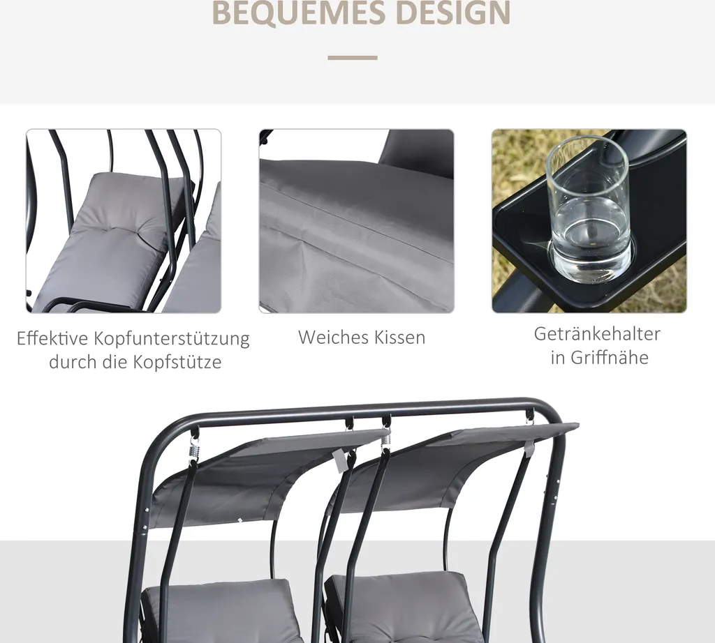 Outsunny 2 Sitzer Hollywoodschaukel Gartenschaukel Mit Sonnendach Gartenstuhl Sitz Mit Sprühbaumwolle Oxfordstoff PE-Beschichtung Stahl Polyester Grau 170 X 136 X 170 Cm(pro Sitz) 4 Outsunny 2 Sitzer Hollywoodschaukel Gartenschaukel Mit Sonnendach Gartenstuhl Sitz Mit Sprühbaumwolle Oxfordstoff PE-Beschichtung Stahl Polyester Grau 170 X 136 X 170 Cm(pro Sitz) – Bild 4
