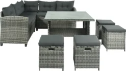 Merax Gartenlounge-Set Polyrattan Lounge Für 9 Personen, 5er Ecksofa, 1xTisch Mit Glas, 4x Hocker Mit Kissen, Gartenmöbel Set Balkonset, Grau -Angebote Moos Traum Store 3ffd6922cdecd8cab265e7309846a929
