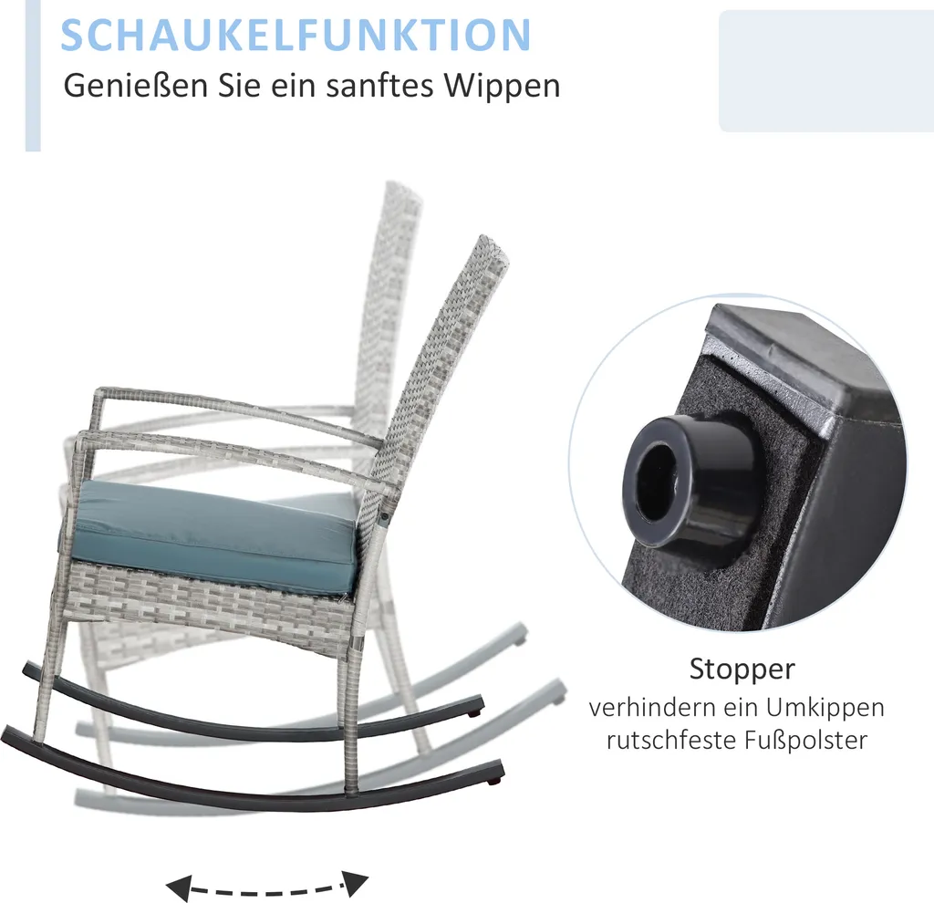 Outsunny Schaukelstuhl Schwingsessel Gartenstuhl Mit Kissen, Polyrattan+Metall, Grau, 66 X 88 X 98 Cm 4 Outsunny Schaukelstuhl Schwingsessel Gartenstuhl Mit Kissen, Polyrattan+Metall, Grau, 66 X 88 X 98 Cm – Bild 4