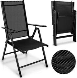 Tillvex Gartenstuhl Schwarz Klappbar Aus Aluminium | Hochlehner Mit Armlehnen | Klappstuhl Verstellbar | Klappsessel Balkon Garten Terrasse