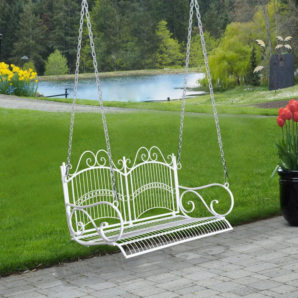 Outsunny Hängebank Schaukel Bank Gartenschaukel Mit Ketten, Metall, Weiß, 118x58x57cm 2 Outsunny Hängebank Schaukel Bank Gartenschaukel Mit Ketten, Metall, Weiß, 118x58x57cm – Bild 2