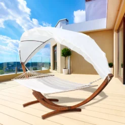 Clanmacy Haengematte Mit Gestell Und Sonnendach, Hammock Aus Wetterfestem Laerchenholz, Bis 200kg, Stabhaengematte Fuer 2 Personen Outdoor Und Indoor -Angebote Moos Traum Store 49b6162e335edd684e4a6112f88b01c2