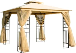 HOMCOM Outsunny Luxus Pavillon 3x3 M Gartenpavillon Mit Doppeldach Partyzelt Mit Seitenteilen Festzelt Gartenzelt Pagode Beige
