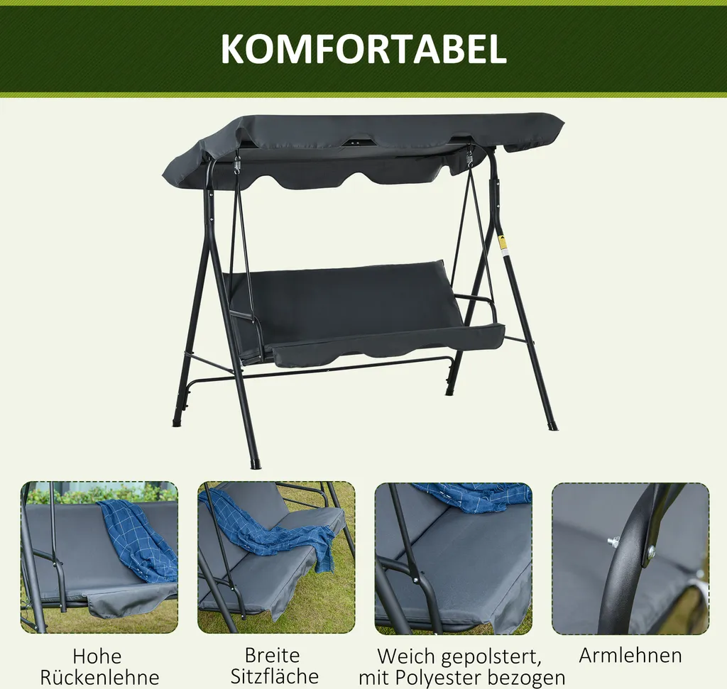 Outsunny Hollywoodschaukel Gartenschaukel Schaukelbank 3-Sitzer Mit Dach Stahl Grau+Schwarz 172 X 120 X 153cm 6 Outsunny Hollywoodschaukel Gartenschaukel Schaukelbank 3-Sitzer Mit Dach Stahl Grau+Schwarz 172 X 120 X 153cm – Bild 6