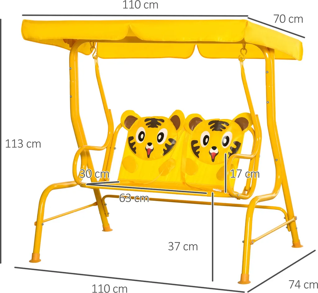 Outsunny Kinder Hollywoodschaukel 2-Sitzer Kinderschaukel Mit Verstellbarem Sonnendach Gartenschaukel Für 3-6 Jahre Kinder Metall Gelb 110 X 74 X 113 Cm 3 Outsunny Kinder Hollywoodschaukel 2-Sitzer Kinderschaukel Mit Verstellbarem Sonnendach Gartenschaukel Für 3-6 Jahre Kinder Metall Gelb 110 X 74 X 113 Cm – Bild 3