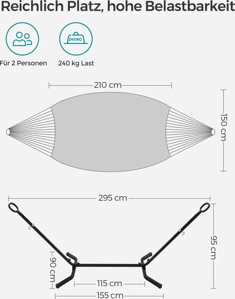 SONGMICS Hängematte Mit Gestell, 210 X 150 Cm, Auf 5 Verschiedene Höhen Verstellbar, Gestell Aus Metall, Bis 240 Kg Belastbar, Für Garten, Schwarzes Gestell Und Graue Hängematte GHS001G01 7 SONGMICS Hängematte Mit Gestell, 210 X 150 Cm, Auf 5 Verschiedene Höhen Verstellbar, Gestell Aus Metall, Bis 240 Kg Belastbar, Für Garten, Schwarzes Gestell Und Graue Hängematte GHS001G01 – Bild 7