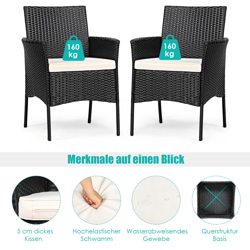 COSTWAY 2er Rattan Stühle Set Gartenstuhl Polyrattan Mit Sitzkissen Rückenlehne & Armlehne 4 COSTWAY 2er Rattan Stühle Set Gartenstuhl Polyrattan Mit Sitzkissen Rückenlehne & Armlehne – Bild 4