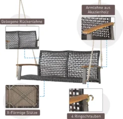 COSTWAY Schaukelbank 2-Sitzer, Hängebank PE-Rattan, Gartenschaukel Zum Aufhängen, Hollywoodschaukel Mit Akazienholz-Armlehnen, 360 Kg Belastbarkeit, Schaukel Für Terrasse & Garten & Balkon -Angebote Moos Traum Store 5b40cd01c891e86de6684c591063d0d7