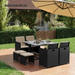 SONGMICS 9er Set, Balkonmöbel, Esstisch Und Stühle, Aus PE-Rattan, Terrassenmöbel GGF009B02 -Angebote Moos Traum Store 5c3da1e636d4c493c5f2d1f3fe10d937