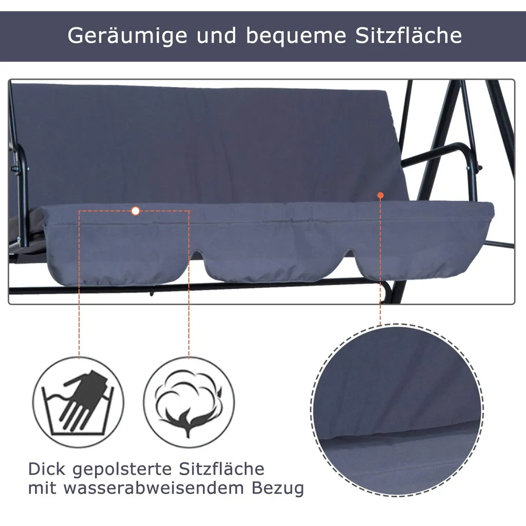 Outsunny Hollywoodschaukel Gartenschaukel Schaukelbank 3-Sitzer Mit Dach Stahl Grau 172x110x152cm 5 Outsunny Hollywoodschaukel Gartenschaukel Schaukelbank 3-Sitzer Mit Dach Stahl Grau 172x110x152cm – Bild 5