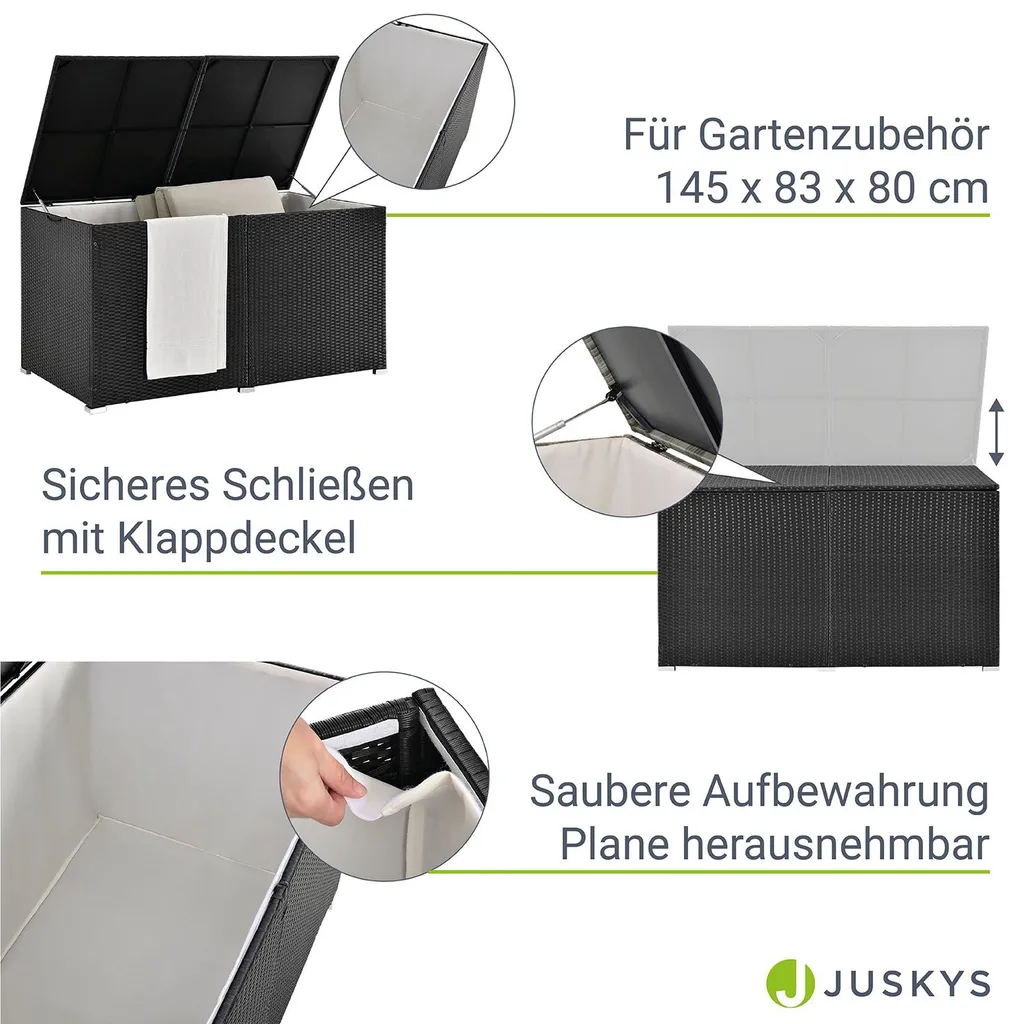 Juskys Polyrattan Auflagenbox Ikaria 950 L Inkl. Deckel Mit Hubautomatik & Innenplane – Garten Kissenbox Für Balkon & Terrasse – Gartenbox Schwarz 4 Juskys Polyrattan Auflagenbox Ikaria 950 L Inkl. Deckel Mit Hubautomatik & Innenplane – Garten Kissenbox Für Balkon & Terrasse – Gartenbox Schwarz – Bild 4