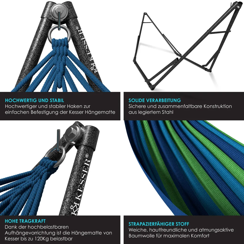 KESSER® Hängematte Vill Mit Gestell Metall Faltbar Verstellbar Stabiler Rahmen Indoor & Outdoor Mit Tragetasche + Beutel Hängesessel Hängemattengestell Camping Garten Pool Balkon Terrasse , Farbe:Blau 7 KESSER® Hängematte Vill Mit Gestell Metall Faltbar Verstellbar Stabiler Rahmen Indoor & Outdoor Mit Tragetasche + Beutel Hängesessel Hängemattengestell Camping Garten Pool Balkon Terrasse , Farbe:Blau – Bild 7
