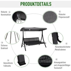 Outsunny Hollywoodschaukel, 3-Sitzer Gartenschaukel, Schaukelbank, Verstellbares Sonnendach, Textilene Grau 200 X 115 X 168 Cm -Angebote Moos Traum Store 6e9ecb6e68dc0b4e1831eca03bf6a167