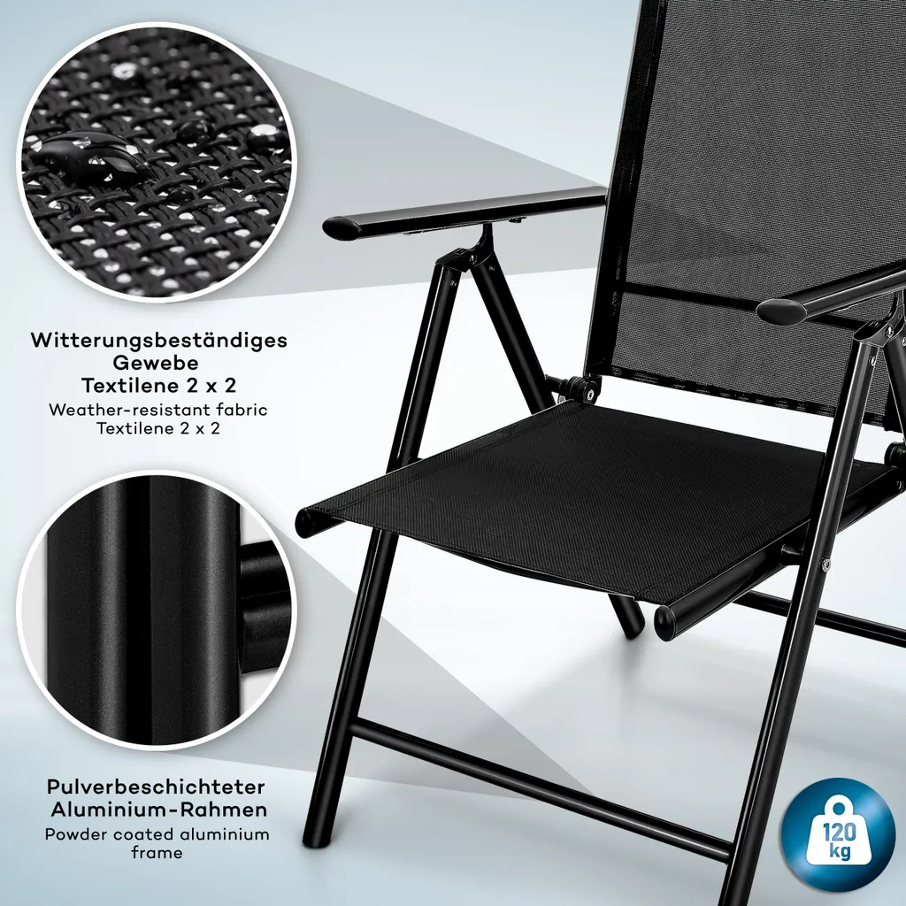Tillvex Gartenstuhl Schwarz Klappbar Aus Aluminium | Hochlehner Mit Armlehnen | Klappstuhl Verstellbar | Klappsessel Balkon Garten Terrasse 3 Tillvex Gartenstuhl Schwarz Klappbar Aus Aluminium | Hochlehner Mit Armlehnen | Klappstuhl Verstellbar | Klappsessel Balkon Garten Terrasse – Bild 3