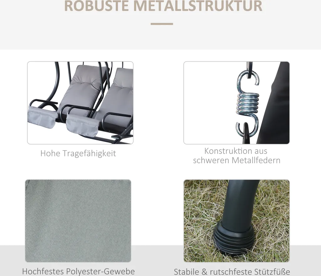 Outsunny 2 Sitzer Hollywoodschaukel Gartenschaukel Mit Sonnendach Gartenstuhl Sitz Mit Sprühbaumwolle Oxfordstoff PE-Beschichtung Stahl Polyester Grau 170 X 136 X 170 Cm(pro Sitz) 7 Outsunny 2 Sitzer Hollywoodschaukel Gartenschaukel Mit Sonnendach Gartenstuhl Sitz Mit Sprühbaumwolle Oxfordstoff PE-Beschichtung Stahl Polyester Grau 170 X 136 X 170 Cm(pro Sitz) – Bild 7