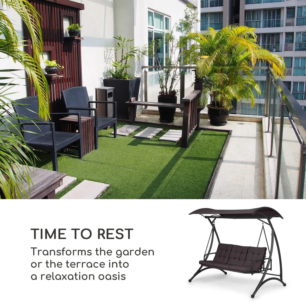 Blumfeldt Marbella - Hollywoodschaukel, 3-Sitzer, Gartenschaukel, Stahlrahmen Mit Pulverbeschichtung, Sitzkissen, Gewölbtes Sonnendach, Zurückklappbare Rückenlehne, Dunkelgrau 8 Blumfeldt Marbella - Hollywoodschaukel, 3-Sitzer, Gartenschaukel, Stahlrahmen Mit Pulverbeschichtung, Sitzkissen, Gewölbtes Sonnendach, Zurückklappbare Rückenlehne, Dunkelgrau – Bild 8