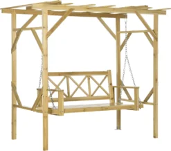 Outsunny Hollywoodschaukel Mit Pergola, 2-Sitzer Gartenschaukel, Wetterbeständige Schaukebank Für Garten, Balkon, Massivholz, Natur, 221 X 140 X 196 Cm