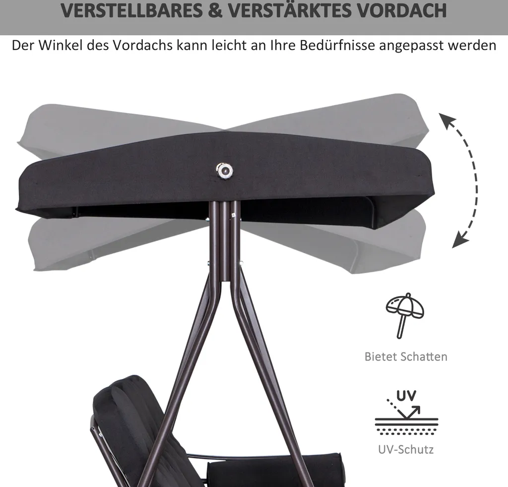 Outsunny 3-Sitzer Hollywoodschaukel Gartenschaukel Mit Sonnendach Kissen Metall Polyester Schwarz 116 X 206 X 183 Cm 4 Outsunny 3-Sitzer Hollywoodschaukel Gartenschaukel Mit Sonnendach Kissen Metall Polyester Schwarz 116 X 206 X 183 Cm – Bild 4