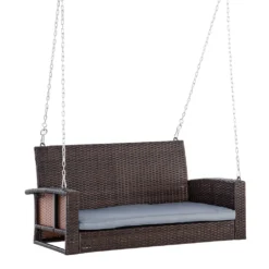 Outsunny Hängebank 2-Sitzer Rattan Gartenschaukel Mit Sitzkissen Hängeschaukel Hollywoodschaukel Schaukelbank Gartenbank Grau 127 X 57,5 X 60 Cm