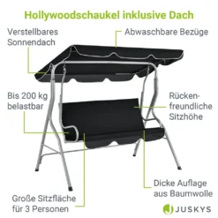 Juskys Hollywoodschaukel 3-Sitzer Mit Dach & Sitzauflage – Gartenschaukel 200 Kg Belastbar – Schaukelbank Für Garten & Terrasse - Schwarz -Angebote Moos Traum Store 86234cce3e2a44055db0f4fb6984b677