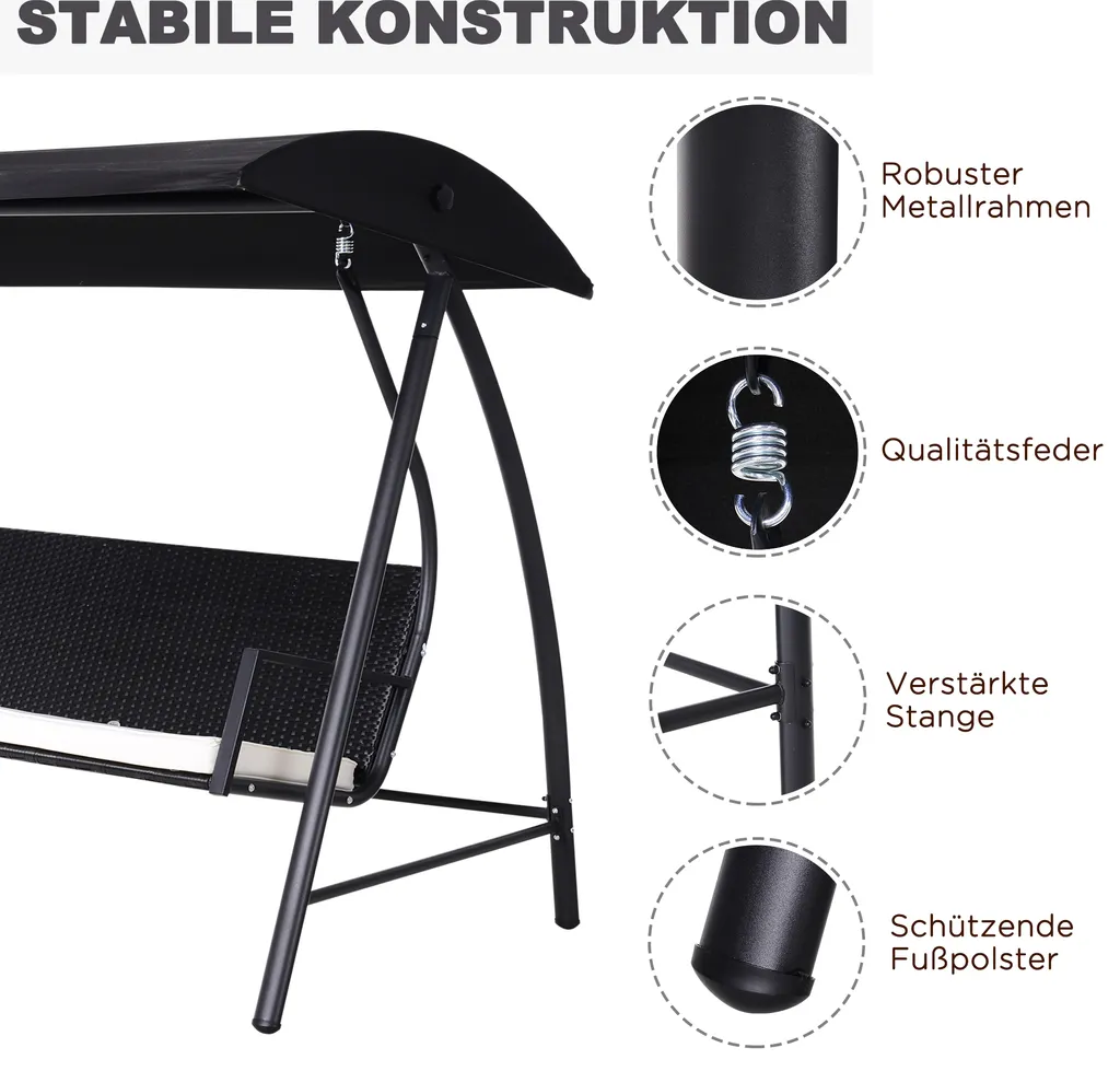 Outsunny Hollywoodschaukel Gartenschaukel 3-Sitzer Mit Dach, Polyrattan+Metall, Schwarz, 198x124x179cm 6 Outsunny Hollywoodschaukel Gartenschaukel 3-Sitzer Mit Dach, Polyrattan+Metall, Schwarz, 198x124x179cm – Bild 6