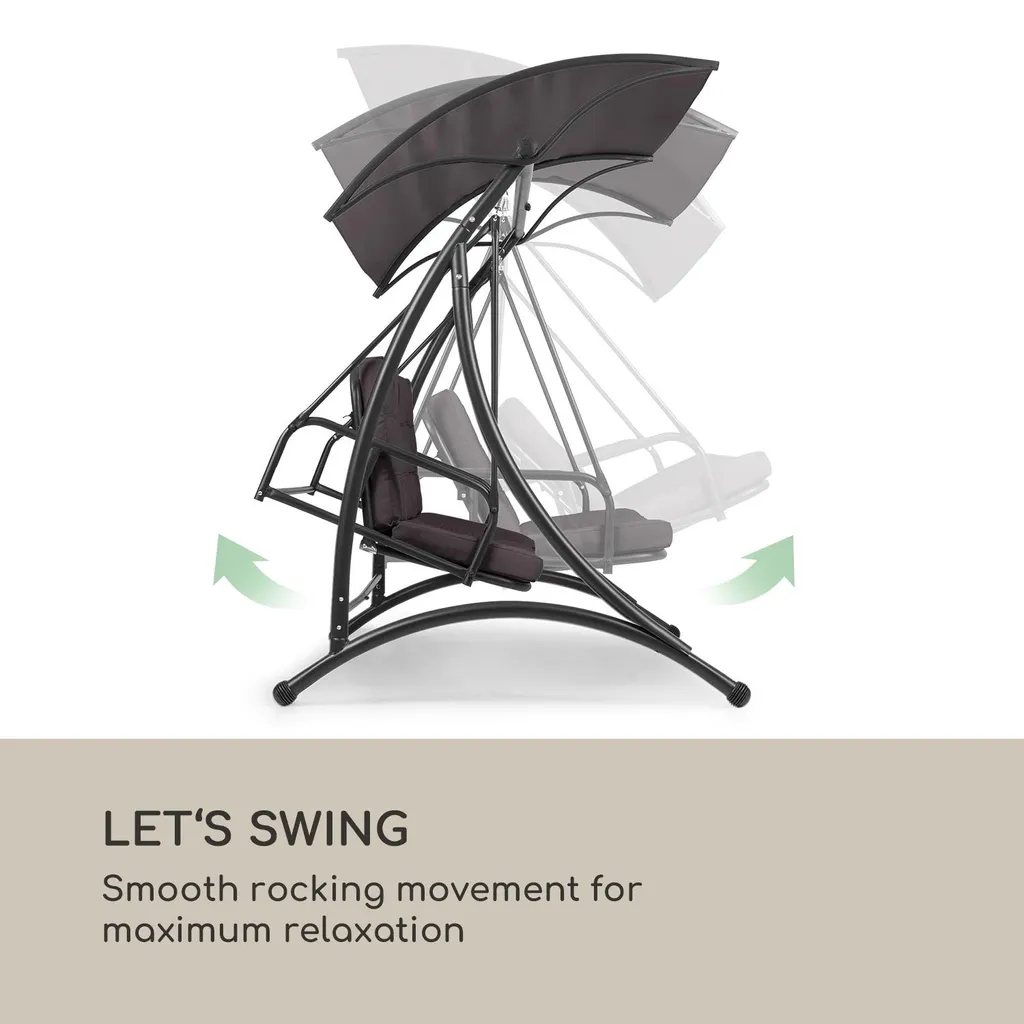 Blumfeldt Marbella - Hollywoodschaukel, 3-Sitzer, Gartenschaukel, Stahlrahmen Mit Pulverbeschichtung, Sitzkissen, Gewölbtes Sonnendach, Zurückklappbare Rückenlehne, Dunkelgrau 5 Blumfeldt Marbella - Hollywoodschaukel, 3-Sitzer, Gartenschaukel, Stahlrahmen Mit Pulverbeschichtung, Sitzkissen, Gewölbtes Sonnendach, Zurückklappbare Rückenlehne, Dunkelgrau – Bild 5