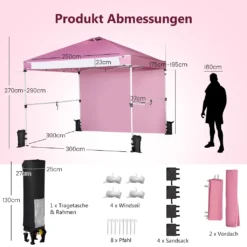 COSTWAY 3x3m Pop Up Pavillon Mit Seitenwand, Faltbarer Gartenpavillon Mit Hängenden Querstangen, Bannerstreifen & Rolltasche, UV-Schutz 50+, Tragbarer Faltpavillon Für Markt, Terrasse, Camping (Rosa) -Angebote Moos Traum Store 880acfca7850d312d356a9b0277797b0