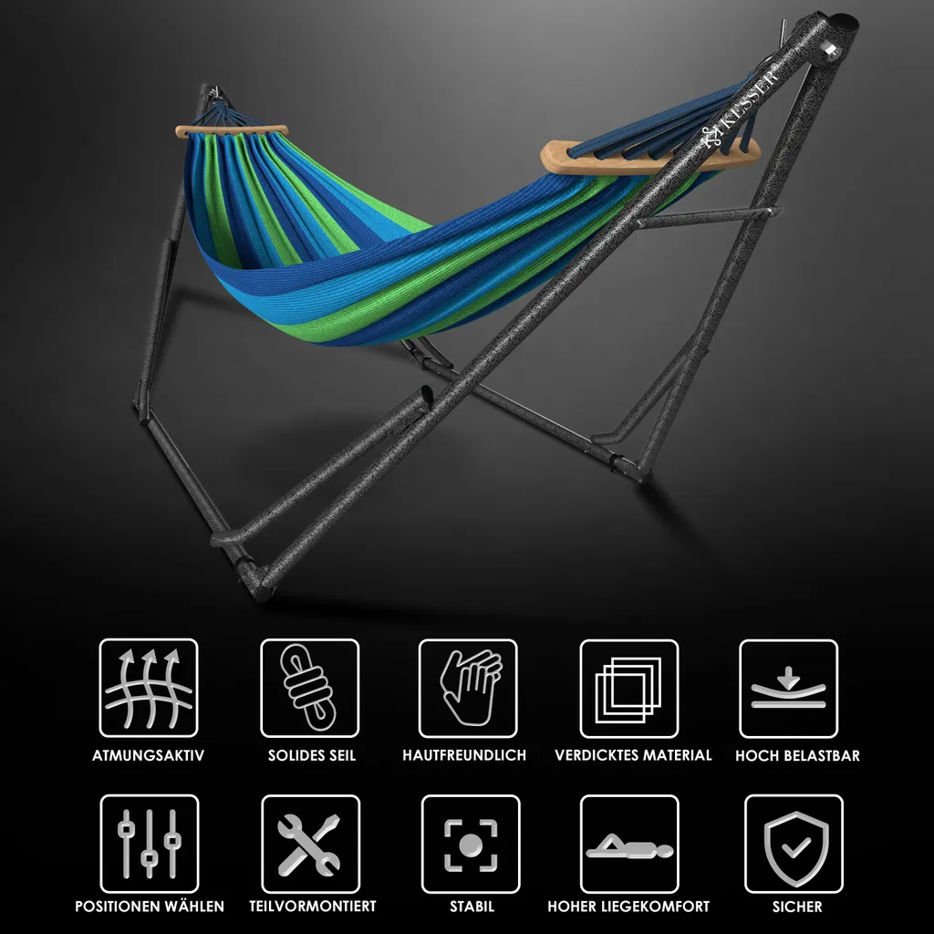 KESSER® Hängematte Vill Mit Gestell Metall Faltbar Verstellbar Stabiler Rahmen Indoor & Outdoor Mit Tragetasche + Beutel Hängesessel Hängemattengestell Camping Garten Pool Balkon Terrasse , Farbe:Blau 5 KESSER® Hängematte Vill Mit Gestell Metall Faltbar Verstellbar Stabiler Rahmen Indoor & Outdoor Mit Tragetasche + Beutel Hängesessel Hängemattengestell Camping Garten Pool Balkon Terrasse , Farbe:Blau – Bild 5